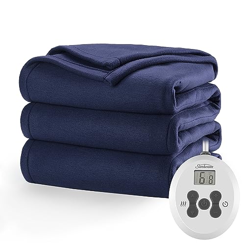 Sunbeam Royal Ultra Fleece Heated Electric Blanket Twin Size, 84' x 62', 12 Heat Settings, 12-Hour Selectable Auto Shut-Off, Fast Heating, Machine Washable, Warm and Cozy, Admiral Blue