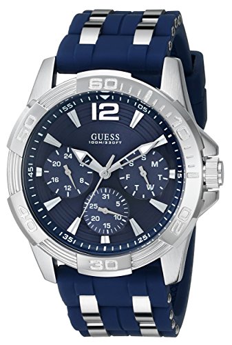 GUESS Iconic Blue Stainless Steel Stain Resistant Silicone Watch with Day, Date + 24 Hour Military/Int'l Time. Color: Blue (Model: U0366G2)