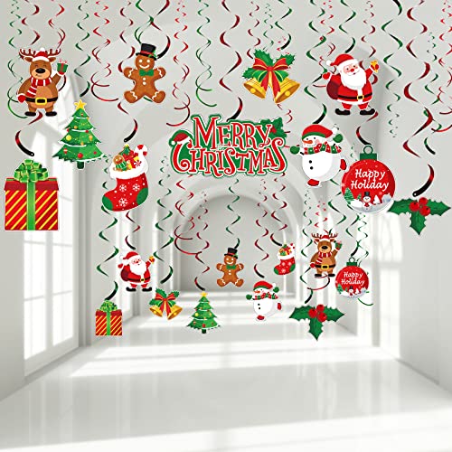 30 Pcs Christmas Foil Swirl Hanging Decorations - Snowman, Elk, Bell Set for Indoor/Outdoor Holiday Party Supplies (Santa, Snowman)