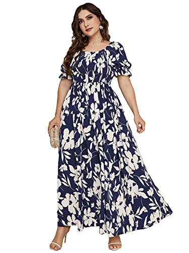 MakeMeChic Women's Plus Size Boho Casual Dress Floral Short Sleeve Shirred Square Neck Maxi Flomal Dress A Multi Blue 2XL