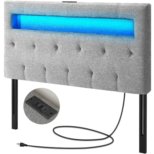 GREENSTELL Headboard for Twin Size Bed with 60,000 DIY Color of LED Light, USB & Type C Post, Attach Frame, Height Adjustable, Gray Wall Mounted Head Boards Only, Sturdy & Stable, Comfortable, Twin