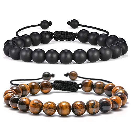 M MOOHAM Mens Bracelet Gifts for Him - 8mm Tiger Eye Black Matte Agate Bracelets Mens Adjustable Bracelet Gifts for Men Teen Boy Gifts 16-18