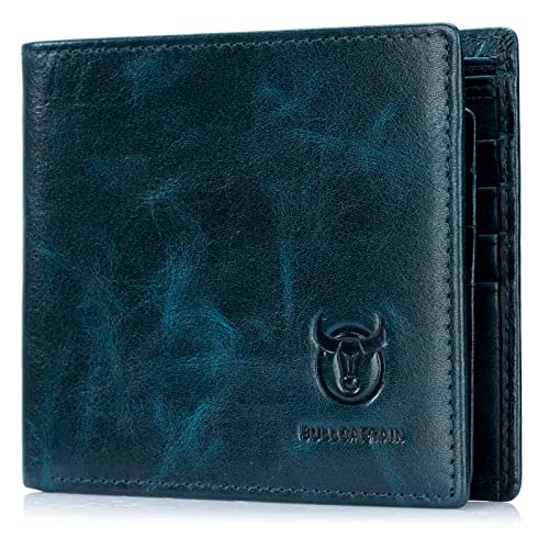 BULLCAPTAIN RFID Wallets for Men Slim Bifold Genuine Leather Front Pocket Wallet with 2 ID Windows QB-05 (Peacock Blue)