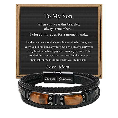 JoycuFF To My Son Bracelet Fathers Day Birthday Gifts for My Son from Mom Dad Christmas Ideas Gift Handmade Leather Bracelets for Men with 2 Tigers Eye Stones Letter Love You Forever