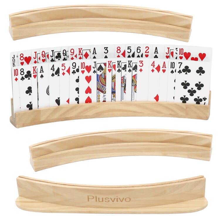 plusvivo Set of 4 Curved Playing Cards Holders for Seniors Adults - Soild Wood Cards Holders for Playing Cards 13 x 1.9 x 2.4 Inch for Bridge Canasta Strategy Foot and Hand