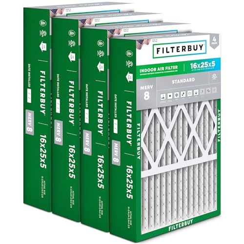 Filterbuy 16x25x5 Air Filter MERV 8 Dust Defense (4-Pack), Pleated HVAC AC Furnace Air Filters for Honeywell FC100A1029, Lennox X6670, Carrier, Bryant, & More (Actual Size: 15.75 x 24.75 x 4.38)