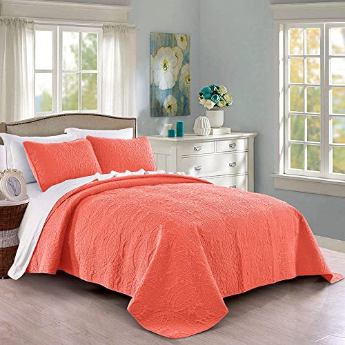 Pure Bedding Quilt Set Full/Queen Size Coral - Oversized Bedspread - Soft Microfiber Lightweight Coverlet for All Season - 3 Piece Includes 1 Quilt and 2 Shams, Geometric Pattern