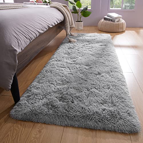 YJ.GWL Fluffy Runner Rugs for Bedroom Living Room Soft Shag Rug 2x6 Feet, Grey Plush Carpet Non Slip for Nursery Dorm, Fuzzy Bedside Rug for Kids Boys Girls Room Home Decor