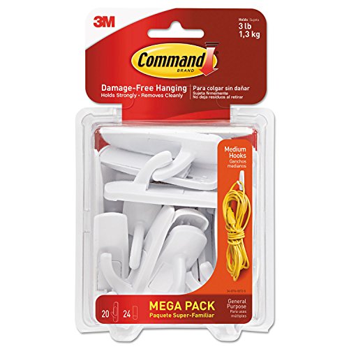 Command Medium Utility Hooks, Damage Free Hanging Wall Hooks with Adhesive Strips, No Tools Wall Hooks for Hanging Organizational Items in Living Spaces, 20 White Hooks and 24 Command Strips (1 Pack)