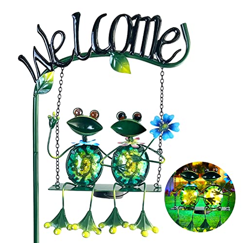 HONGLAND Outdoor Garden Solar Lights,Frog Swing Garden Decor,Frog Decorative Stake with Welcome Sign for Landscape Patio Yard (48 inch)