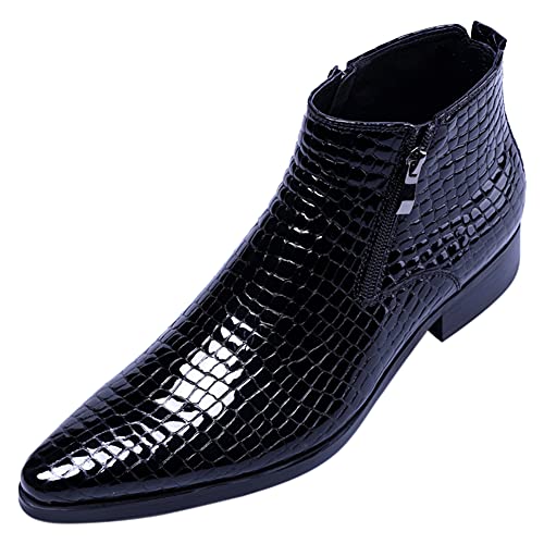 Santimon Men's Ankle Patent Leather Fashion Plaid Zipper Pointed Toe Casual Boots Black 9.5 US