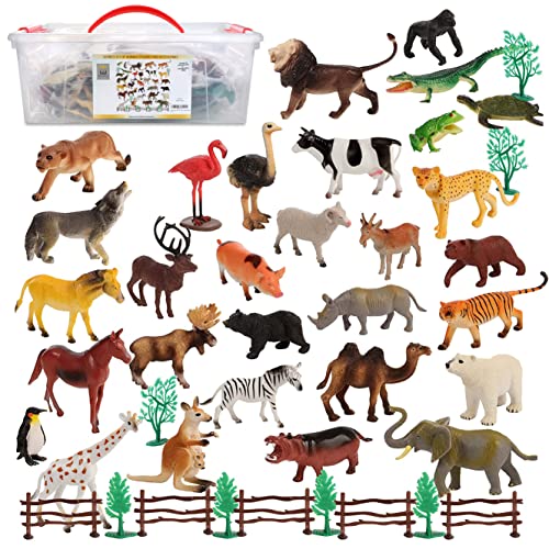 Migration 50 Piece Set of Animal Plastic Figures, Includes Jumbo 6 Inch Wild, Safari, Zoo, Jungle, Farm, Desert, Ocean Animals, Birds, Accessories and Container for Toddlers and Kids