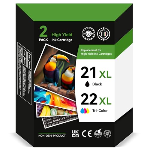 CKMY Compatible Ink Cartridge Replacement for HP 21 22, Tri-color, Black, 2 Pack