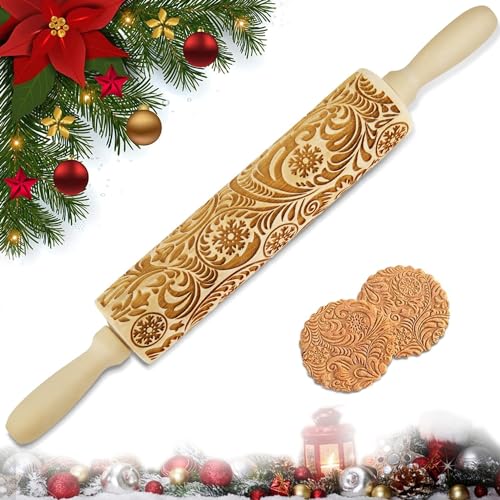 Wooden Engraved Rolling Pin with Christmas Snowflake Designs - For Baking Cookies and Decor