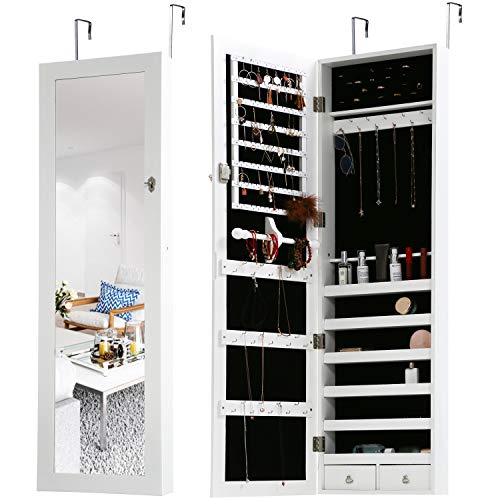 FDW Jewelry Cabinet 47.3' H Wall/Door Mounted Lockable Jewelry Armoire Organizer with Mirror With 2 Drawers 6 Shelves 43.3'×10.6' Mirror High Capacity Jewelry Organizer (White)