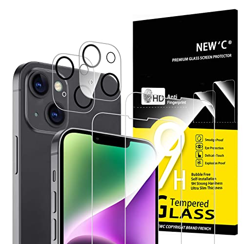 NEW'C 4 Pack, 2 Pack Screen Protector for iPhone 14 [6.1 inch] + 2 Pack Camera Lens Protector, Sensor Protection,Case Friendly Tempered Glass Film