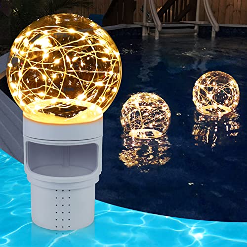 DeeprBlu Pool Chlorine Floater with Solar Ball Light, Floating Chlorine Dispenser for 3'' Chlorine Tablets, Chlorine Tablet Floater Chemical Dispenser Easy Opening, Bromine Tablet Holder for Pool, Spa