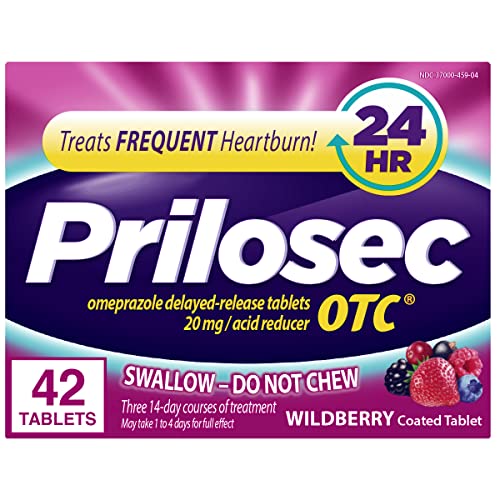 Prilosec OTC, Omeprazole Delayed Release 20mg, Acid Reducer, Treats Frequent Heartburn for 24 Hour Relief, All Day, All Night*, 20mg, Wildberry Flavor, 42 Tablets