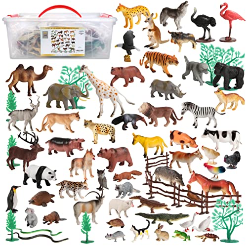 Migration 100 Piece Set of Animal Plastic Figures Playset, Includes Wild, Safari, Zoo, Jungle, Farm, Forest, Desert, Ocean Animals, Birds, Action Toy Figures Accessories and Container