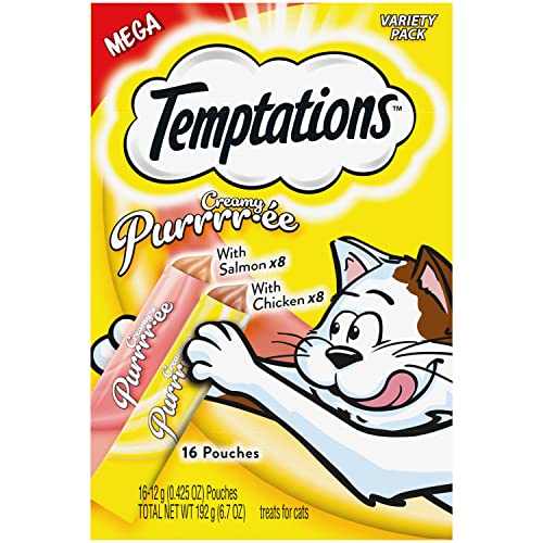 Temptations Creamy Puree with Chicken and Salmon Variety Pack of Lickable, Squeezable Cat Treats, 0.42 Oz Pouches, 16 Count