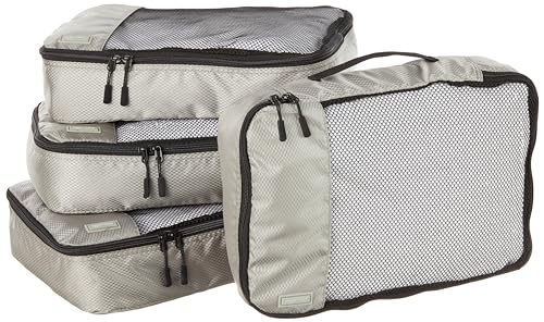 Amazon Basics 4 Piece Packing Travel Organizer Zipper Cubes Set, Medium, Gray