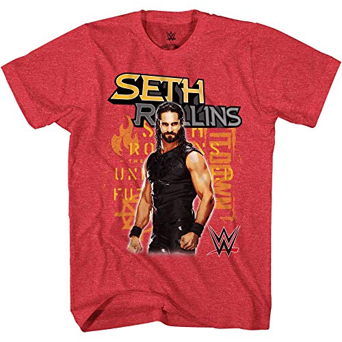 WWE Boys Seth Rollins Shirt - Burn It Down Superstar Tee - World Wrestling Champion T-Shirt (Red Heather, X-Large)