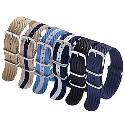 Carty Military Nylon Watch Straps 20mm 6 Pack Nylon Watch Bands(Khaki+Beige/Blue+Sky Blue/White+Navy Blue/White+Black+Navy Blue)