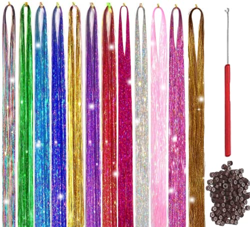 Hair Tinsel Kit With Tool 4200 strands Tinsel Hair Extensions 12 Colors Fairy Hair Tinsel, Sparkling Shiny Hair Tinsel Heat Resistant Highlights Glitter Tinsel Hair Extensions (48 Inch)