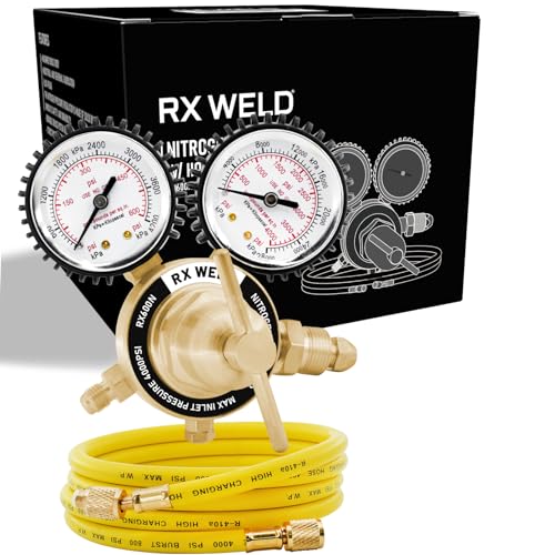 RX WELD Nitrogen Regulator with 0-600 PSI, CGA580 Inlet, Delivery Pressure Equipment Brass Inlet Outlet Connection Gauges with 5Ft Refrigeration Hose