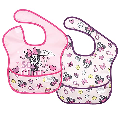 Bumkins Disney Bibs for Girl or Boy, SuperBib Baby and Toddler for 6-24 Months, Essential Must Have for Eating, Feeding, Baby Led Weaning, Mess Saving Waterproof Soft Fabric, 2-pk Minnie Mouse