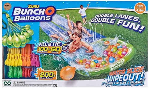 Bunch O Balloons Water Slide Wipeout 2 Lane + 5 Balloon Bunches (165+ Water Balloons) by ZURU Rapid-Filling Self-Sealing Balloons, for Outdoor, Family, Friends, Children Summer Fun