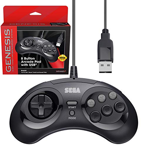 Retro-Bit Official Sega Genesis USB Controller 8-Button Arcade Pad for Sega Genesis Mini, Switch, PC, Mac, Steam, RetroPie, Raspberry Pi - USB Port (Black)