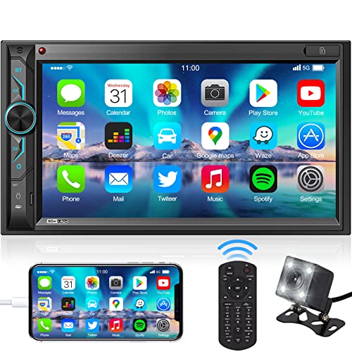 Double Din Car Stereo with Bluetooth: 7inch HD Car Multimedia Receiver – Car Audio MP5 Player | LCD Capacitive Touchscreen | Phonelink | Backup Camera | USB/SD/AUX Input | AM FM Car Radio | SWC