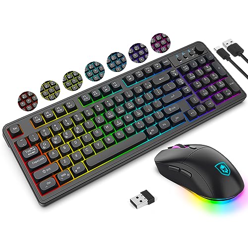 KOLMAX BT98 Wireless Keyboard and Mouse Combo,Triple Mode 2.4G/Wired/Bluetooth Gaming Keyboard and Mouse,Rechargeable Ergonomic RGB Backlit Light Up Keyboard Mouse with Knob for PC/Mac/Tablet Black