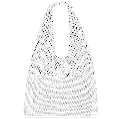 SANSTHS Crochet Mesh Beach Tote Bag Retro Hobo Knitted Bag Woven Tote Summer Shoulder Bag for Women, White