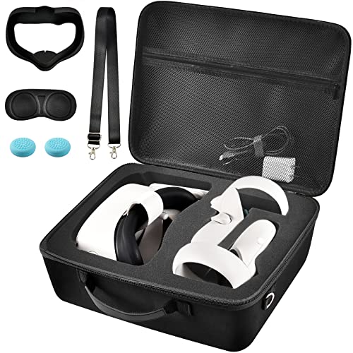 Hard Carrying Case for Meta/for Oculus Quest 2/ Quest 3 All-in-One VR Gaming Headset and Touch Controllers, Travel Storage Bag with Silicone Face Cover & Lens Protector & Accessories - Black