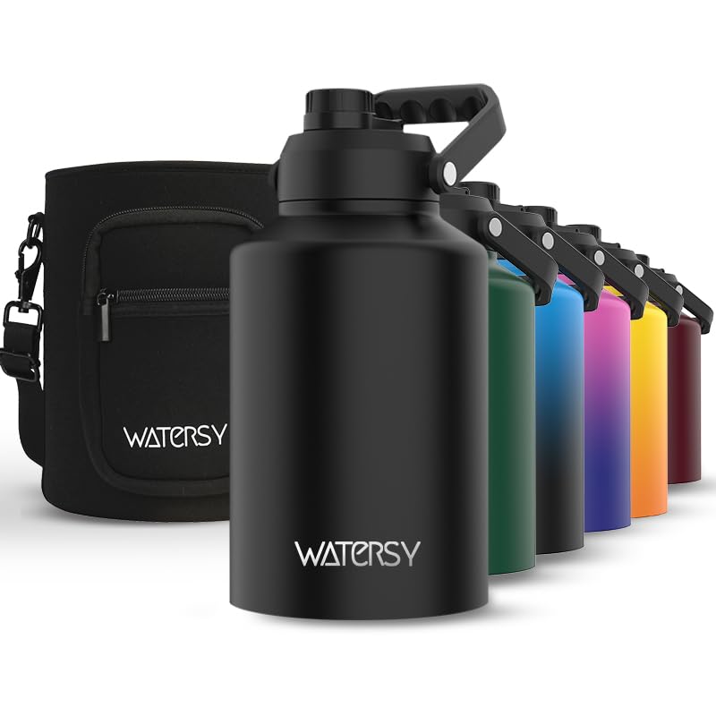 WATERSY 1 Gallon Water Bottle Insulated(Cold for 48 Hrs),BPA Free&Leak Proof,128oz Stainless Steel Water Jug,Big thermos,Large Water Bottle with Handle for Gym,Hiking,Camping&Travel,Black