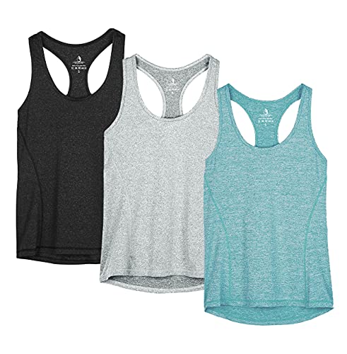 icyzone Workout Tank Tops for Women - Racerback Athletic Yoga Tops, Running Exercise Gym Shirts(Pack of 3)(XL, Black/Granite/Green)