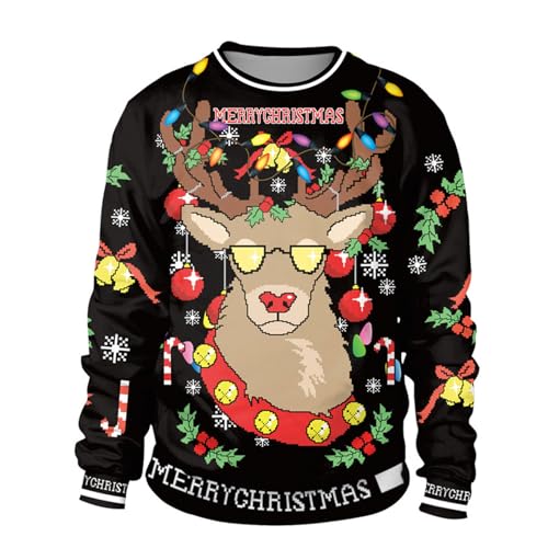 Colorful House Women Men Ugly Christmas Jumper Sweater, 3D Digital Print Sweatshirt(Reindeer,X-Large)
