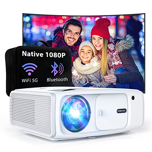 FEBFOXS Projector with WiFi and Bluetooth, Mini Portable Projector with Bag, Native 1080P Projector for indoor or outdoor movie ues, Compatible with Phone/Laptop/TV Stick/PS5