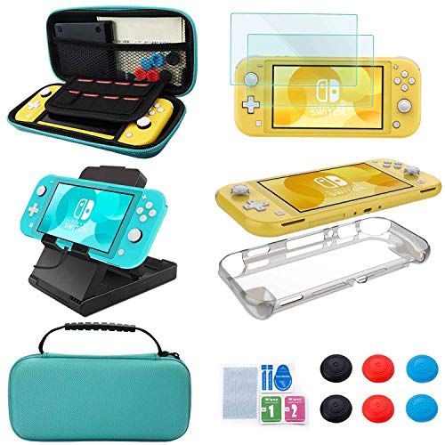 Accessories Kit for Nintendo Switch Lite - YOOWA Accessories Bundle with Carrying Case, Protective Cover case, 2-Pack Tempered Glass Screen Protector, Adjustable Play Stand, 6 Thumb Grips