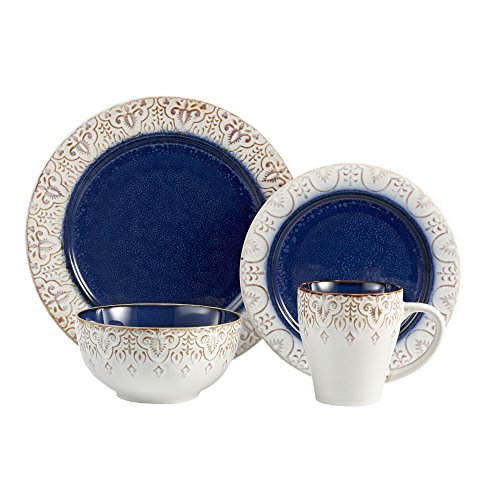 American Atelier Round Dinnerware Sets | Blue Kitchen Plates, Bowls, and Mugs | 16 Piece Stoneware Granada Collection | Dishwasher & Microwave Safe | Service for 4