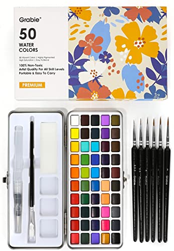 Grabie Watercolor Paint Set, Great for Painting, 50 Colors, Detail Paint Brush Included, Art Supplies, for Artists, Amateur Hobbyists and Painting Lovers