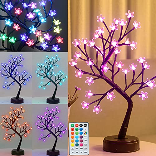 Pooqla RGB Cherry Blossom Tree Light with Remote 16 Color-Changing LED Artificial Flower Bonsai Tree, Pink Table Top Lamp Home Lit Tree Valentine's Day Centerpieces Decoration 36 LED, Brown Branch
