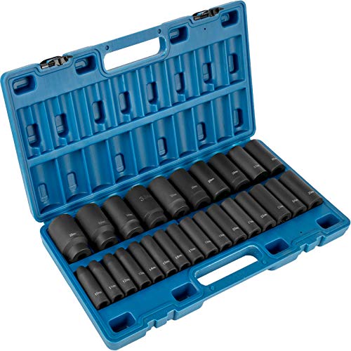 VEVOR Impact Socket Set 1/2 Inches 26 Piece Deep Sockets, , 6-Point , Rugged Construction, Cr-V, 1/2 Inches Drive Socket Set Impact Metric 10mm - 36mm, with a Storage Cage