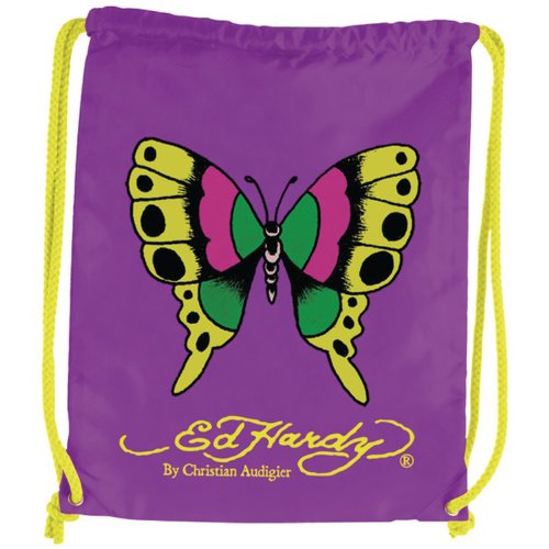 Ed Hardy Drew Drawstring Butterfly Bag -Purple