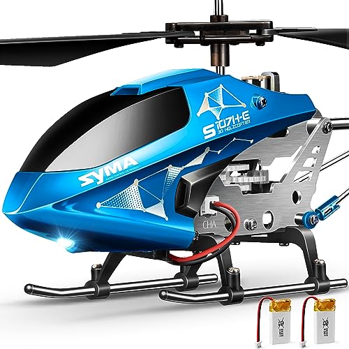 SYMA Remote Control Helicopter, S107H-E Aircraft Toy with Altitude Hold, One Key TakeOff/Landing, 3.5 Channel, High&Low Speed, LED Light, Fly Indoor for Kid Boy Beginner, 16min 2 Battery Blue Upgraded