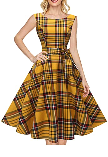 Hanpceirs Women's Boatneck Sleeveless Swing Vintage 1950s Cocktail Dress Gold Plaid L