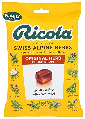 Ricola Original Herb Cough Drops, 45 Count, Cough Suppressant & Throat Relieving Drops with Naturally Sourced Menthol, Pleasing Herbal Taste for Coughs & Throat Irritation Symptom Relief