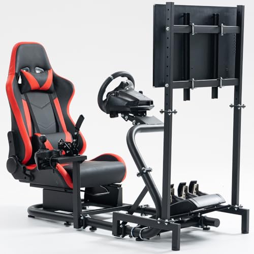 Supllueer Racing simulator cockpit with Monitor Mount and Red Seat Fits for Logitech,Fanatec,Thrustmaster, G29 G923 G920 T300 T248 50mm Round Tube No Steering Wheel Shift Lever Pedal Display